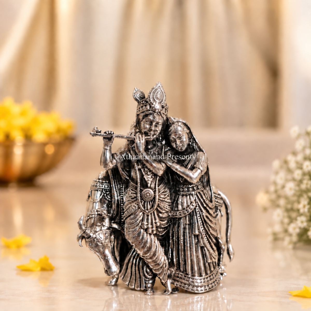 Silver Radha Krishna with Cow Idol